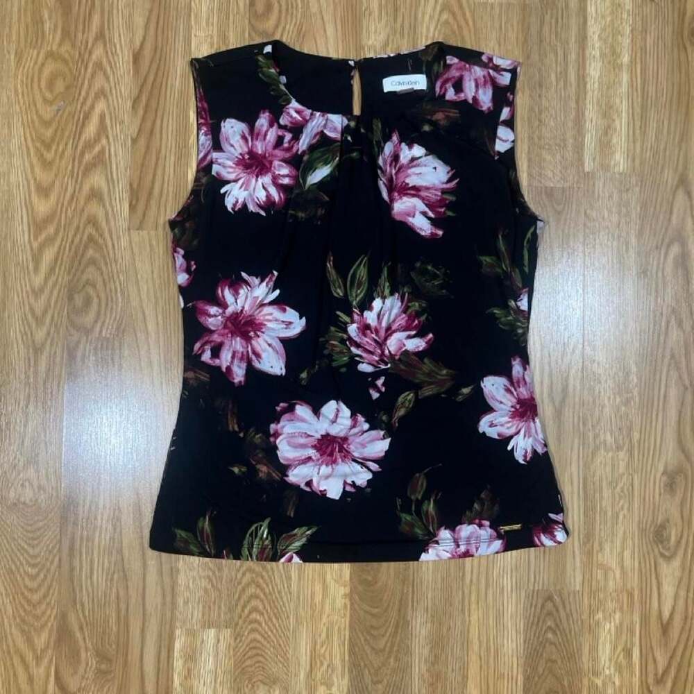 Calvin Klein Sleeveless Floral Blouse Women's Small Black Pink